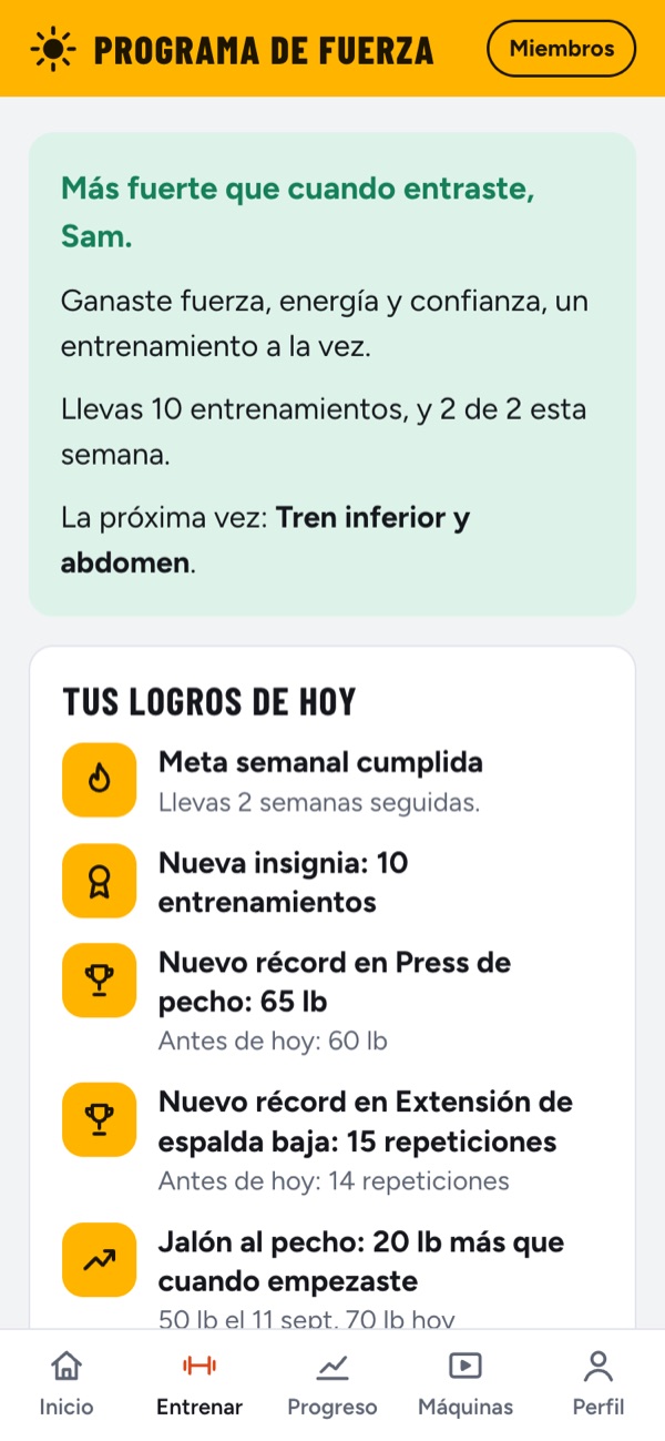 La pantalla final: meta semanal cumplida, una insignia nueva y un récord nuevo