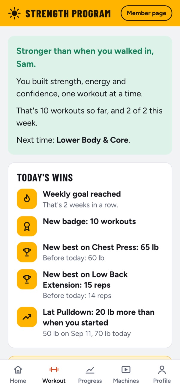The finish screen: weekly goal reached, a new badge and a new best