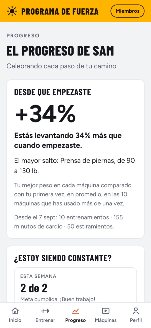 La pantalla de progreso: levantando 34% más que al inicio