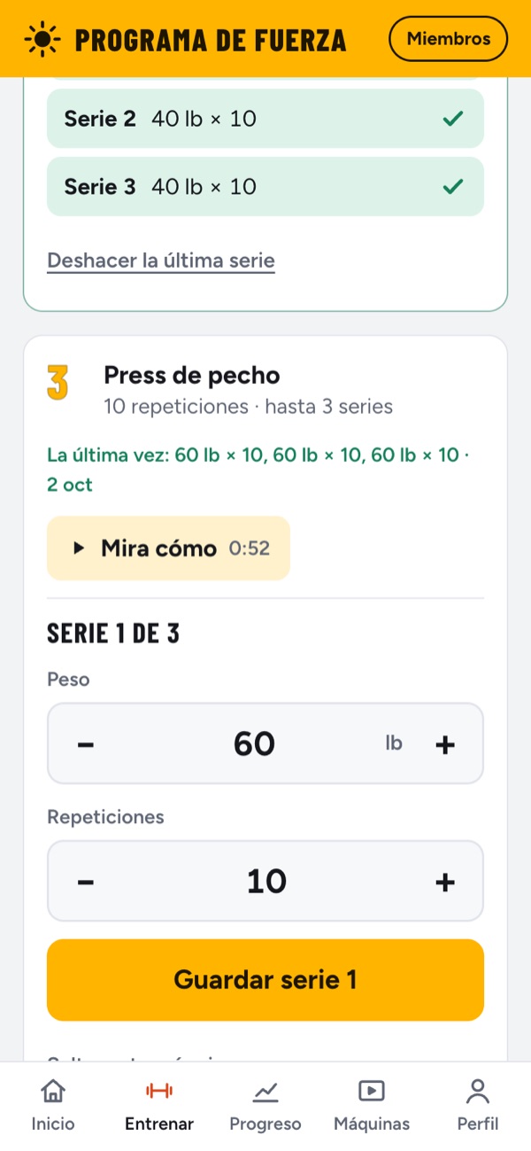El programa en un teléfono: la tarjeta de Press de pecho con su video y el peso de la última vez