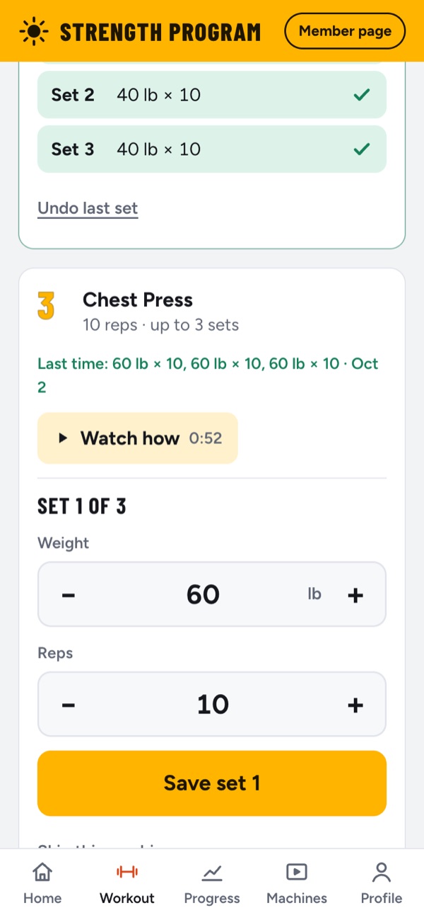 The program on a phone: the Chest Press card with its video button and last time's weight filled in